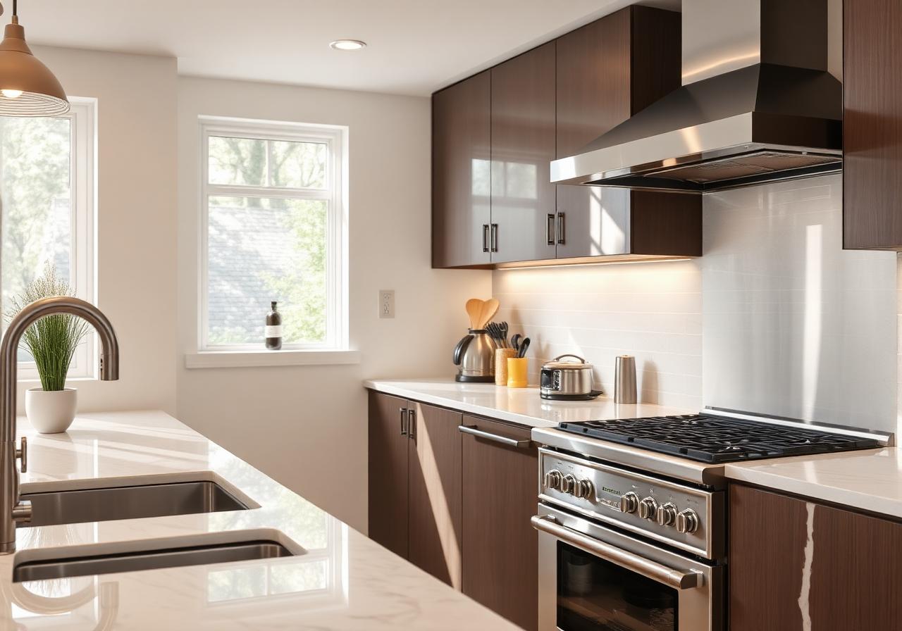 Polished stainless steel kitchen appliances