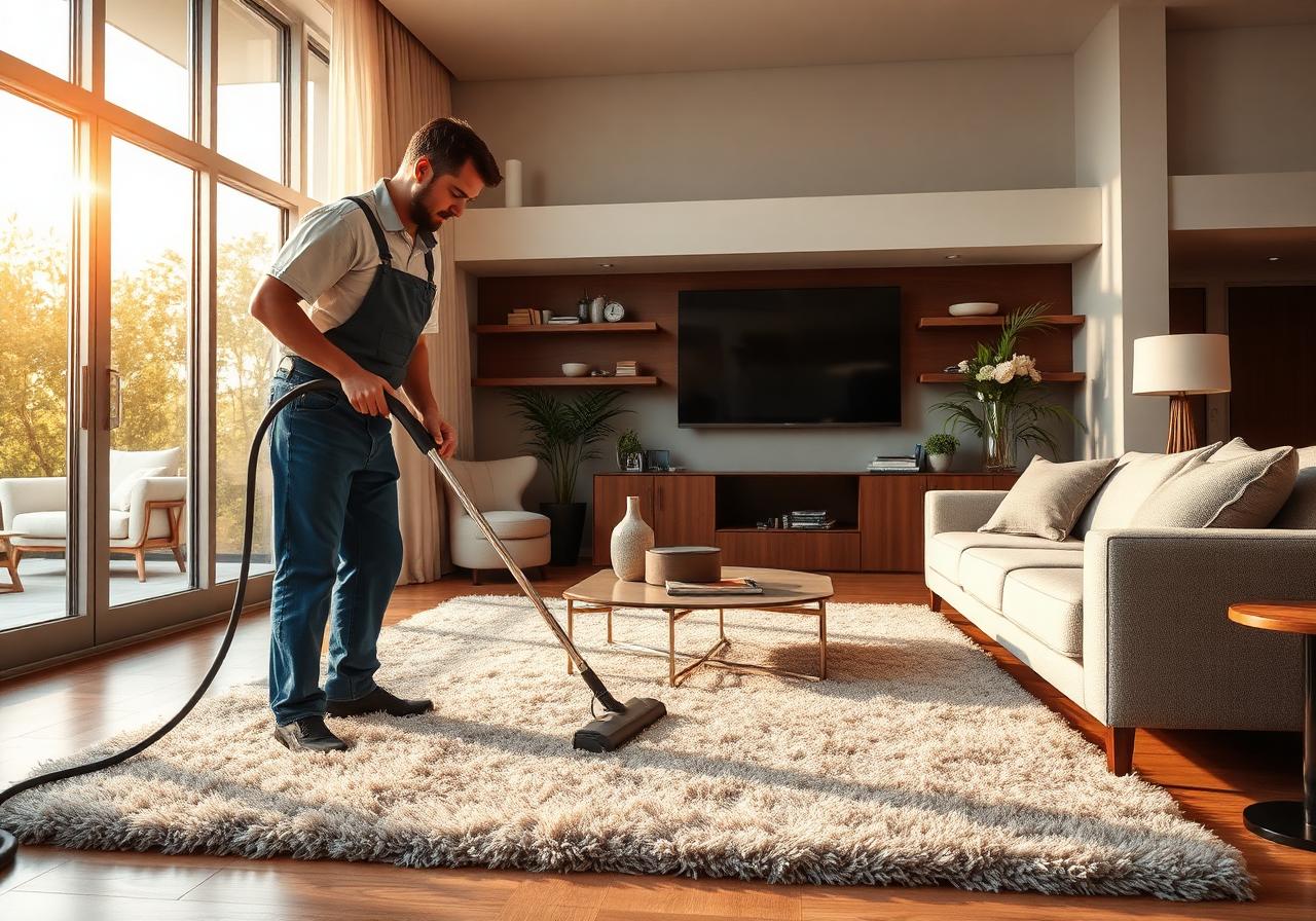 Vacuuming a plush living room rug