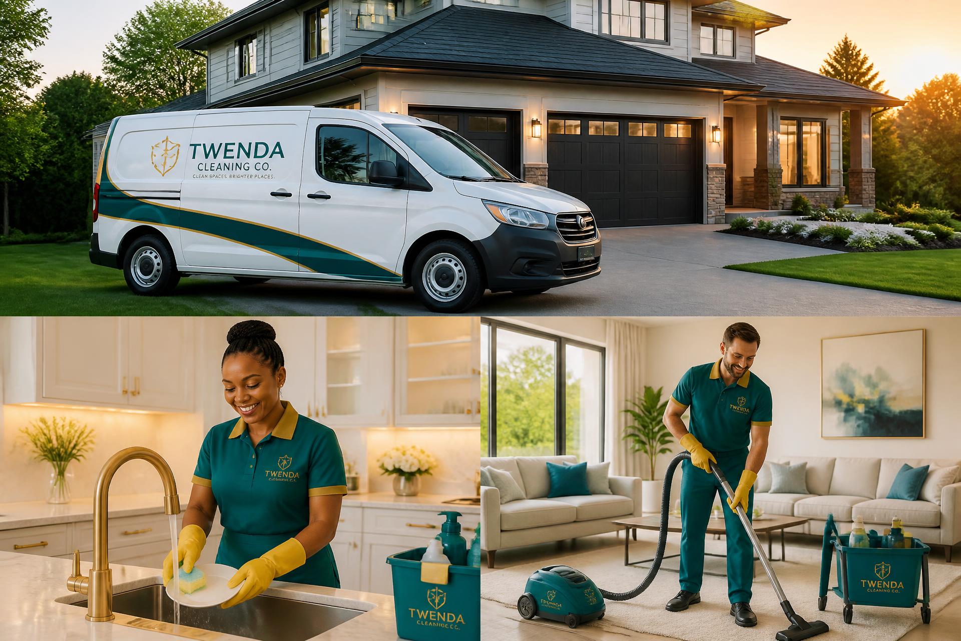Tawanda Cleaning Co. van outside a modern American home with uniformed cleaners working inside