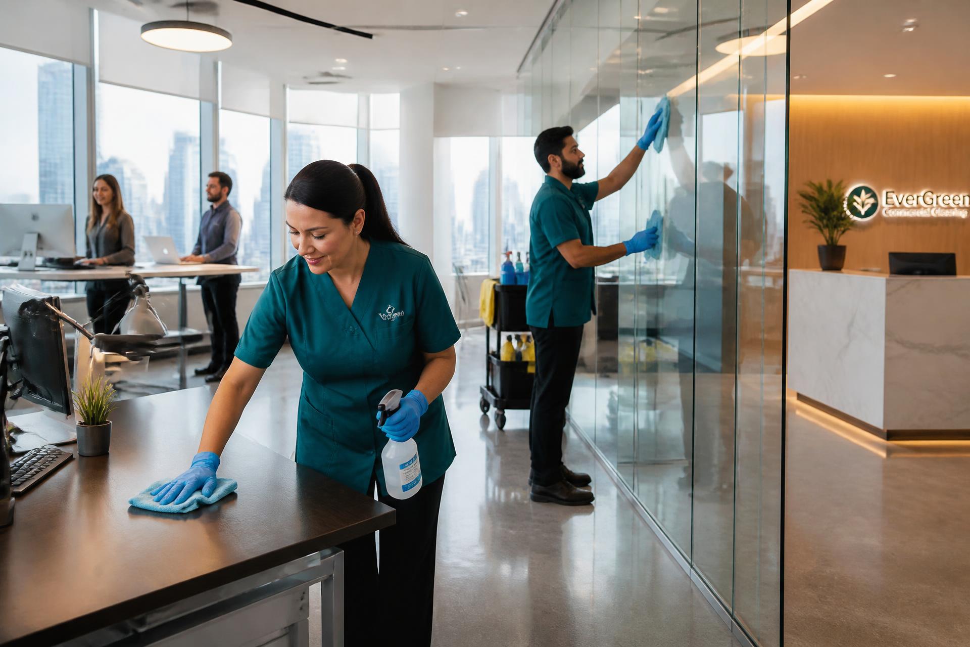 Professional janitorial team cleaning a modern corporate office with city skyline view